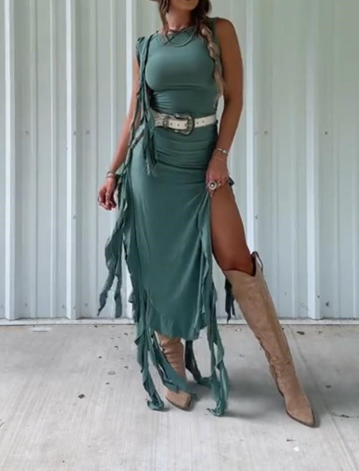 Moss Green Sleeveless Ruffled Slit Dress