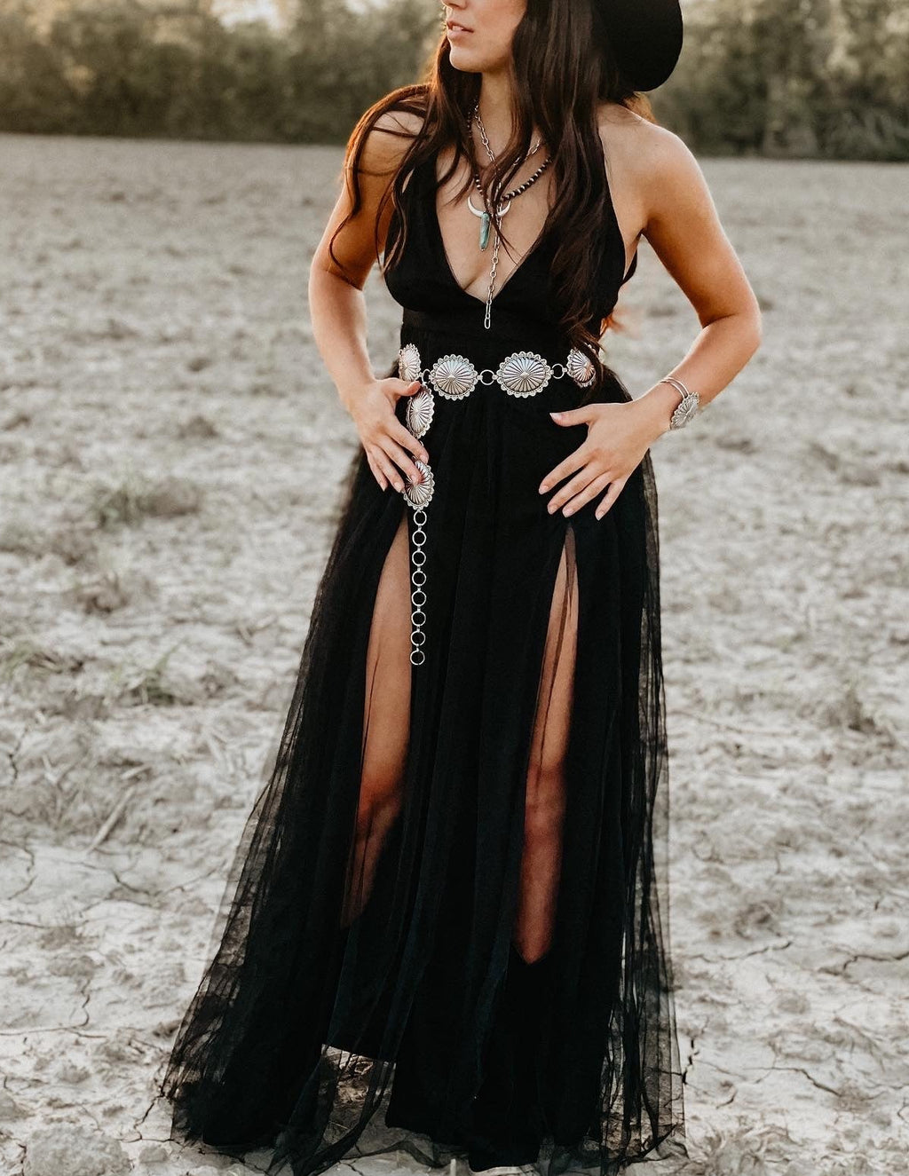 V-Neck Tulle Slit Sexy Dress