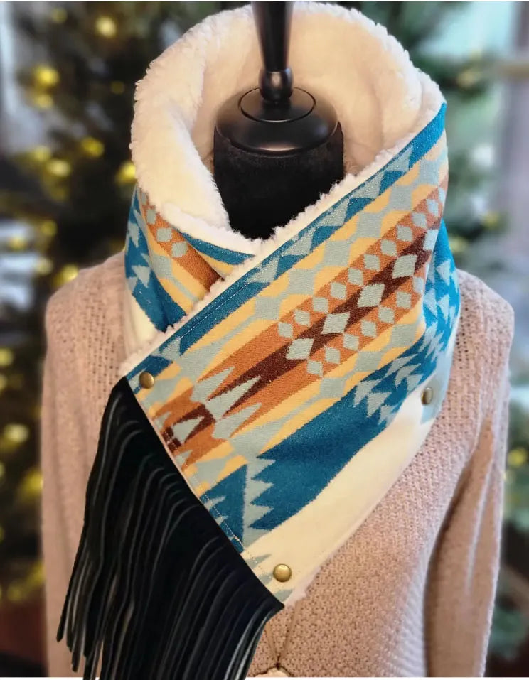 Women's Western Fringed Shawl - Color Block Aztec