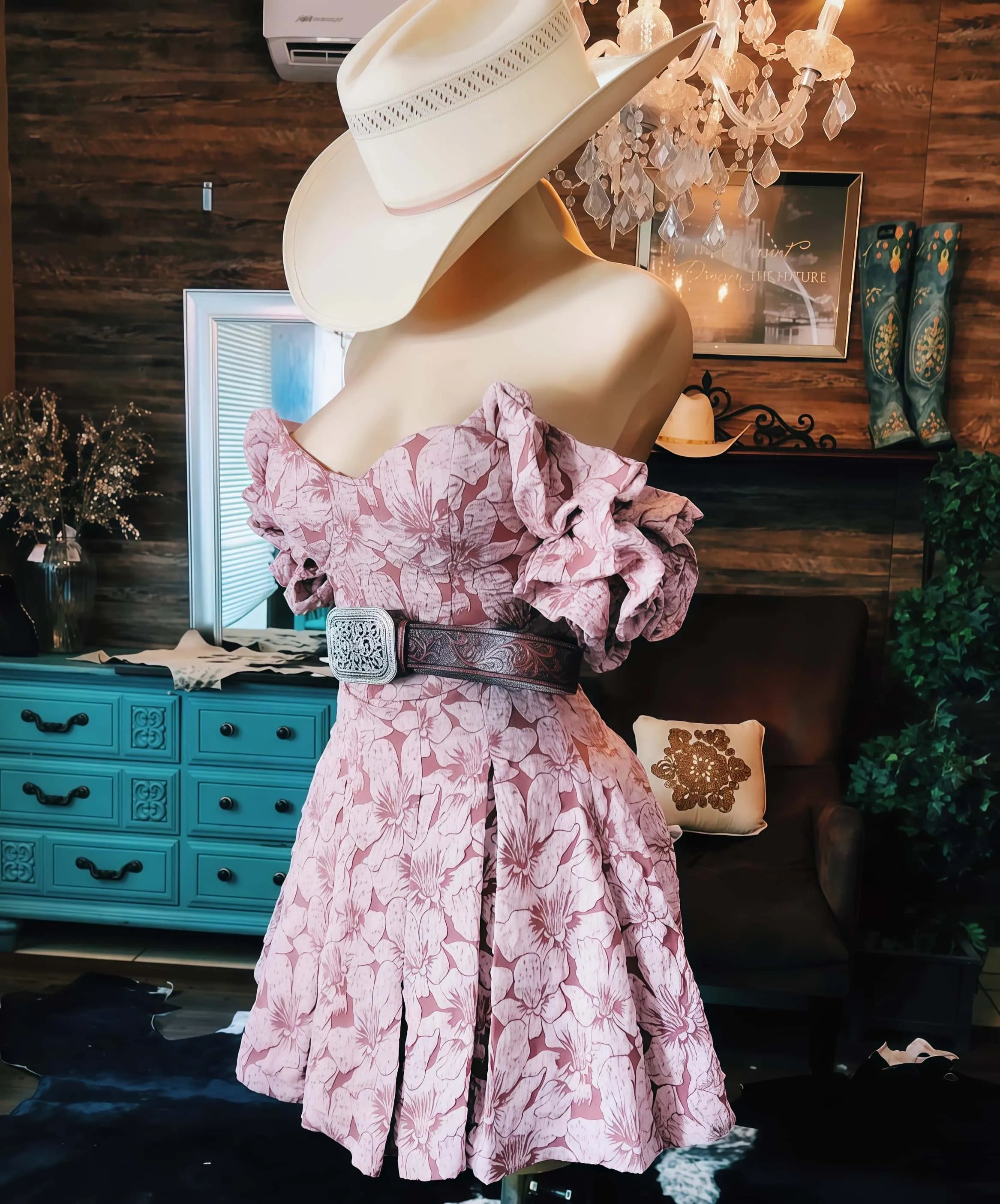 Western Off-Shoulder Pink Mini Ruffle Dress