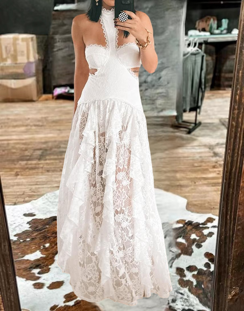 Western Chic White Halter Lace Maxi Dress