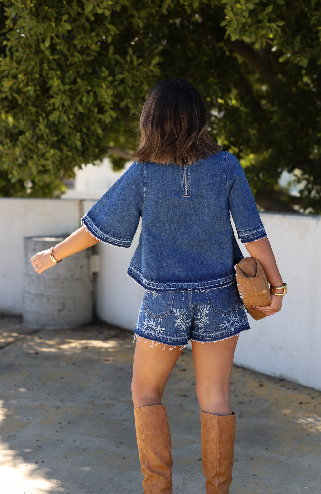 Made The Right Call Denim Embroidered Top + Short Set