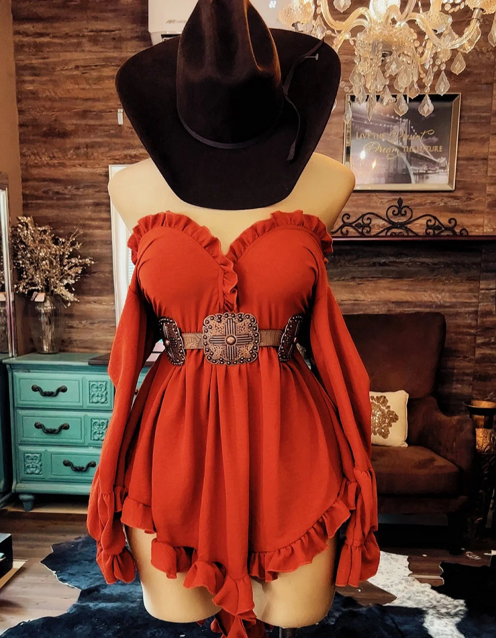 Western Ruffle Off-Shoulder High-Low Dress