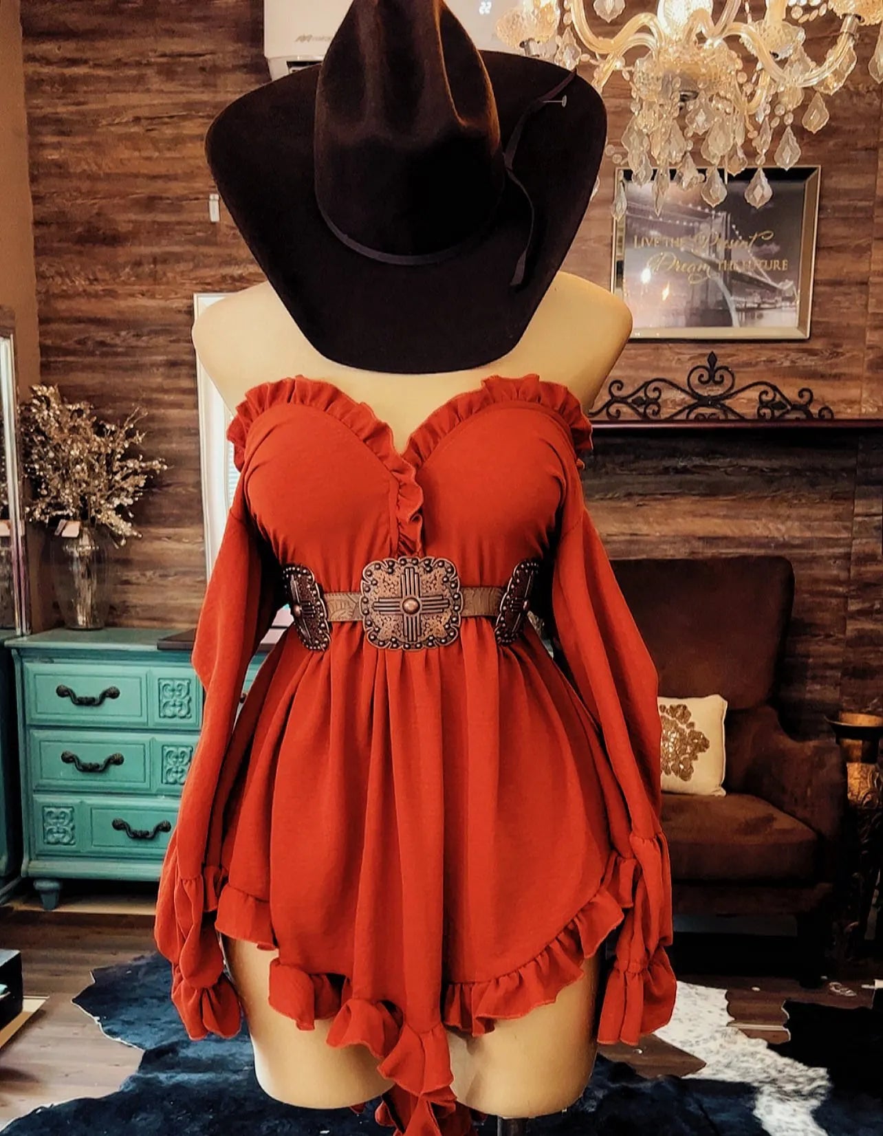 Western Ruffle Off-Shoulder High-Low Dress