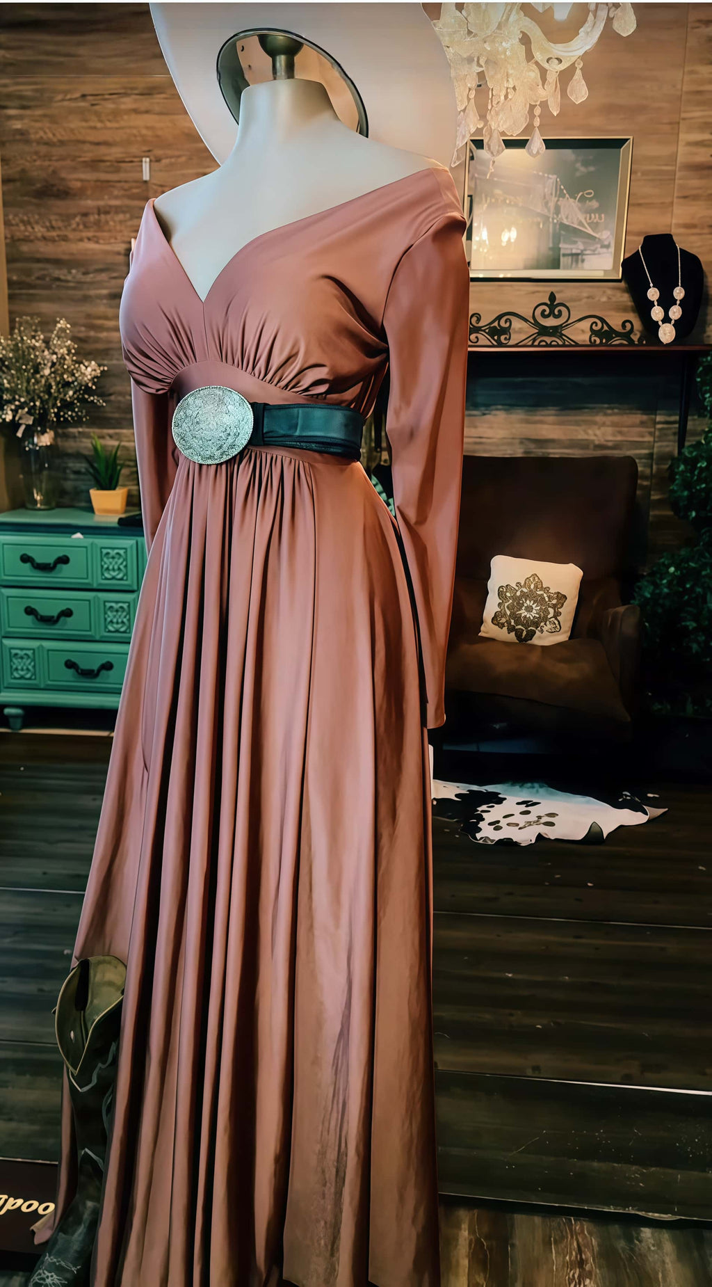 Rust Elegance Western V-Neck Maxi Dress