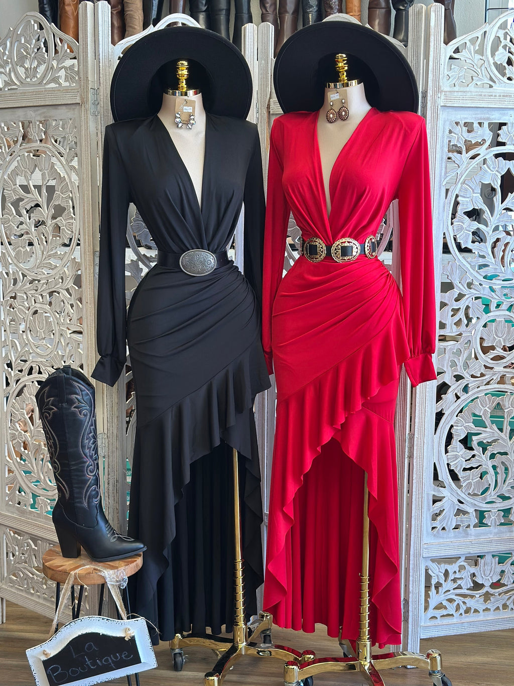 Western Asymmetrical Ruffle Dress-Black &Red