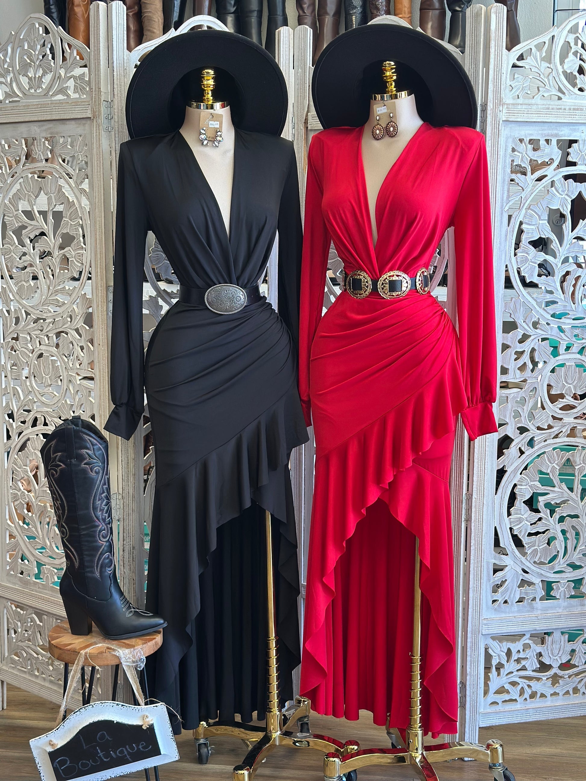 Western Asymmetrical Ruffle Dress-Black &Red