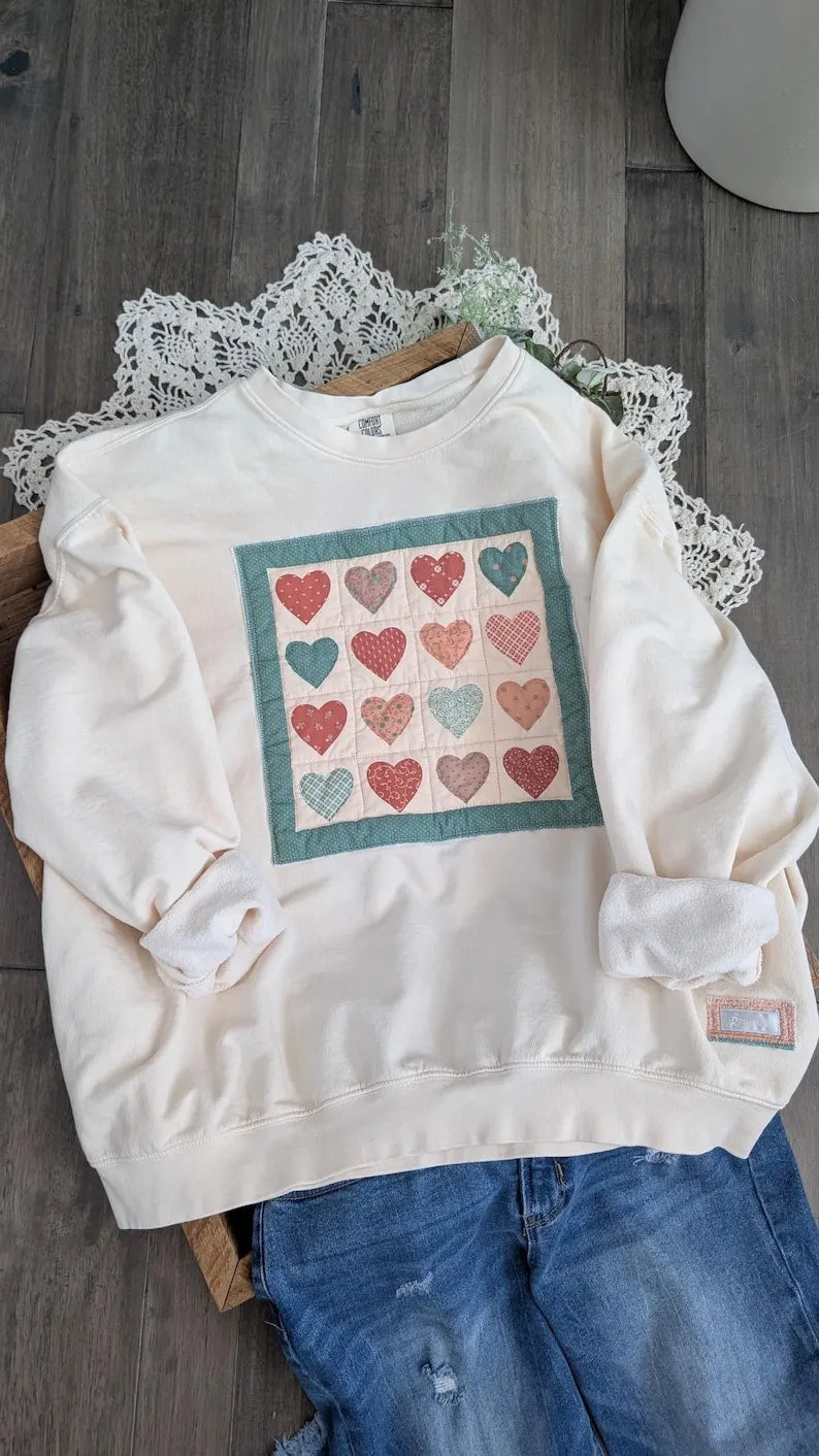 Vintage HEARTS Panel on Creamy Crewneck