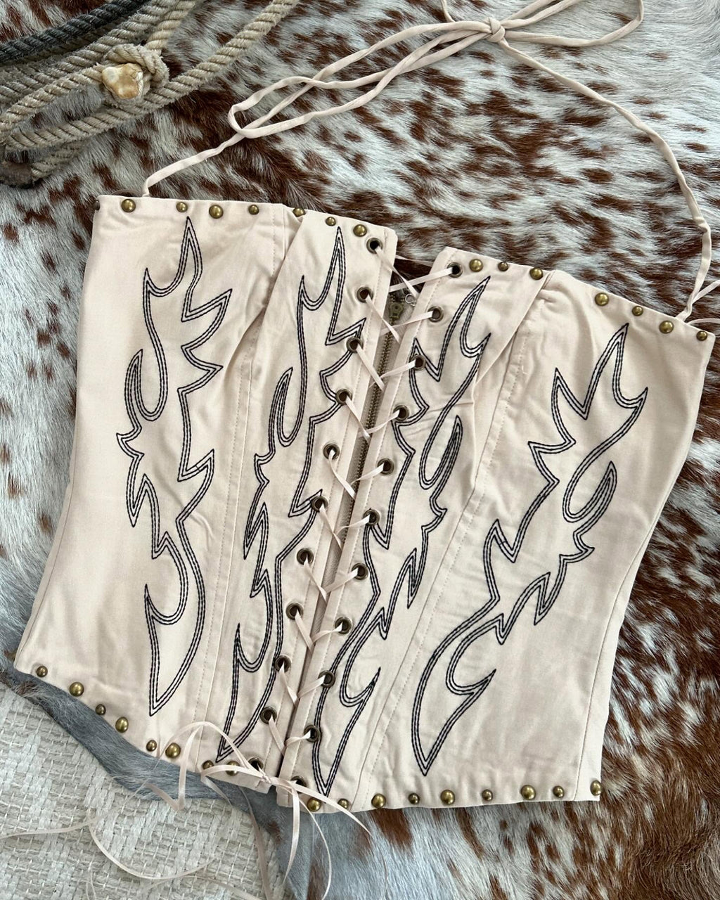 Western Embroidered Studded Lace Front Corset Top