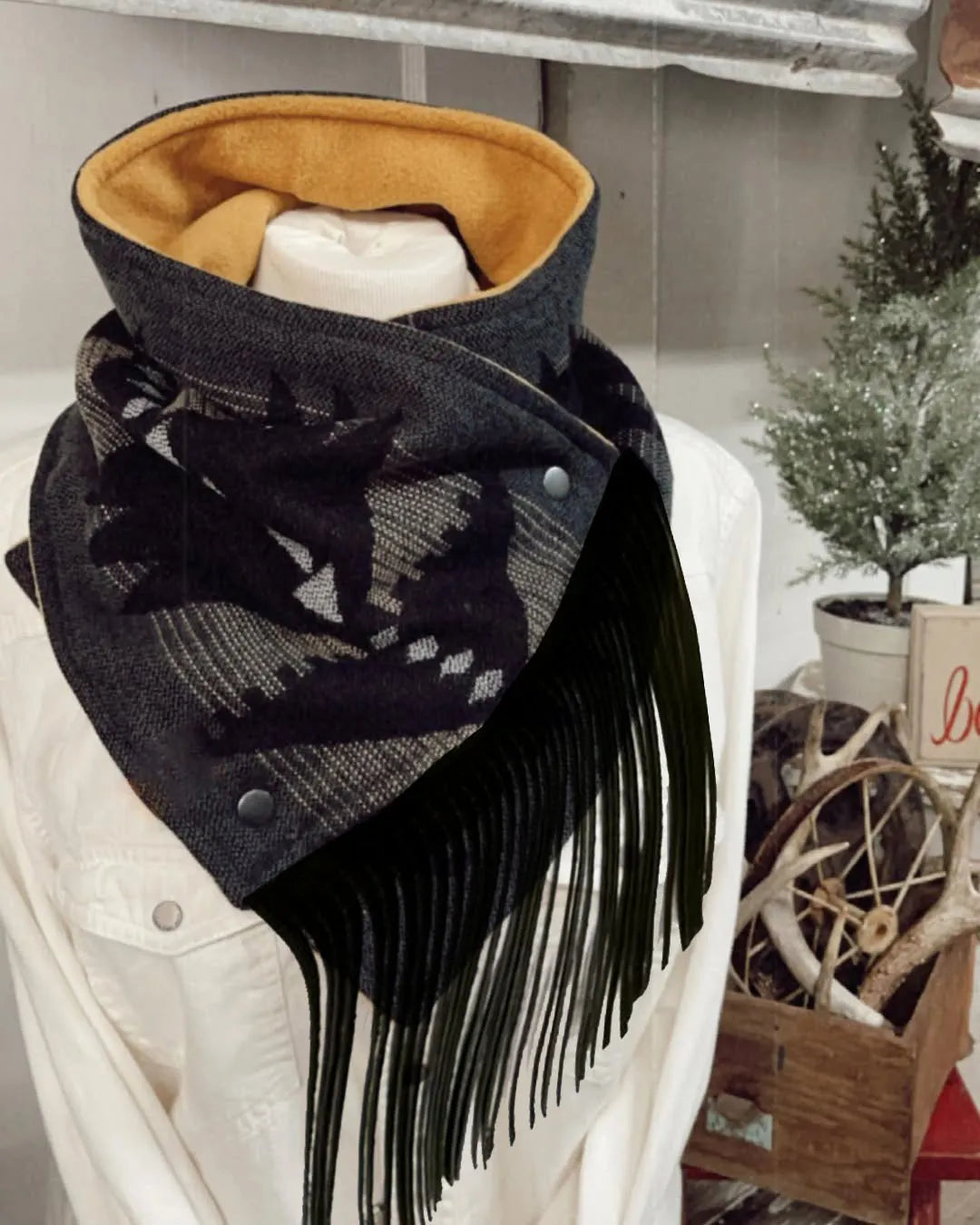 Women's Western Fringed Scarf - Black/White Aztec Pattern