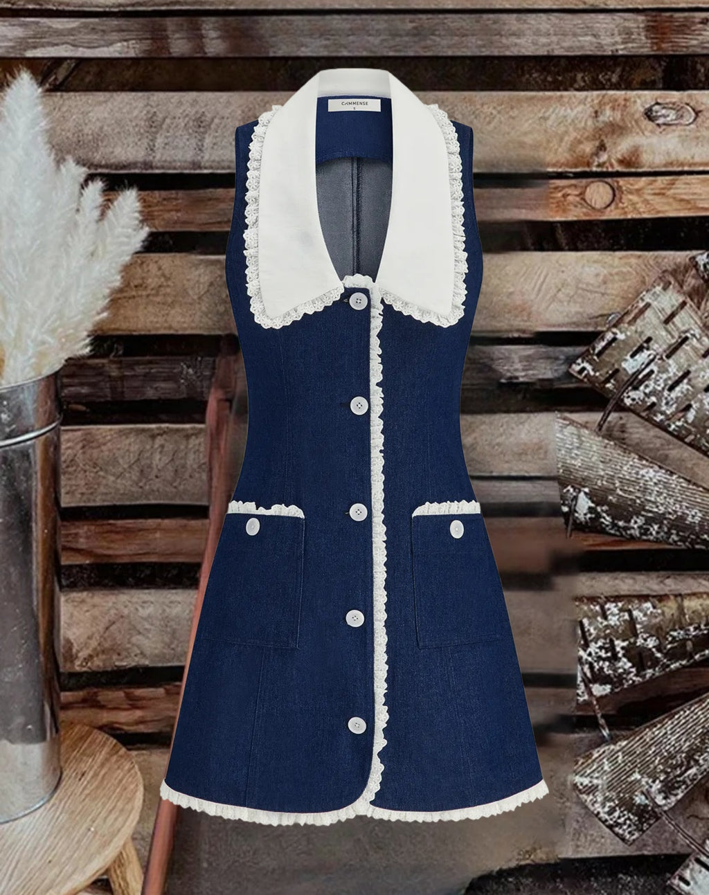 Denim Lace Trim Lapel Mini Dress