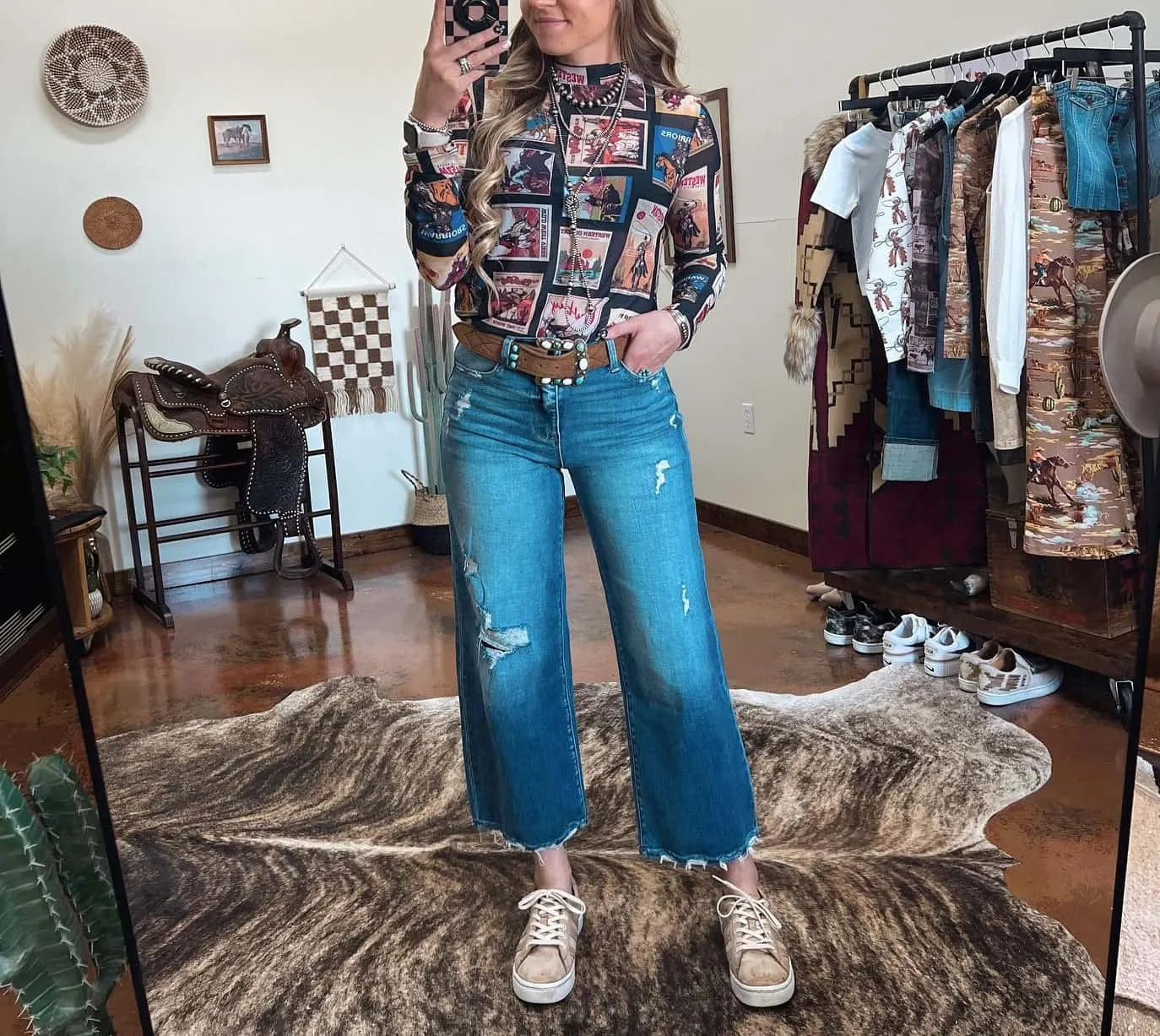 Cowboy Stamp Mesh Top