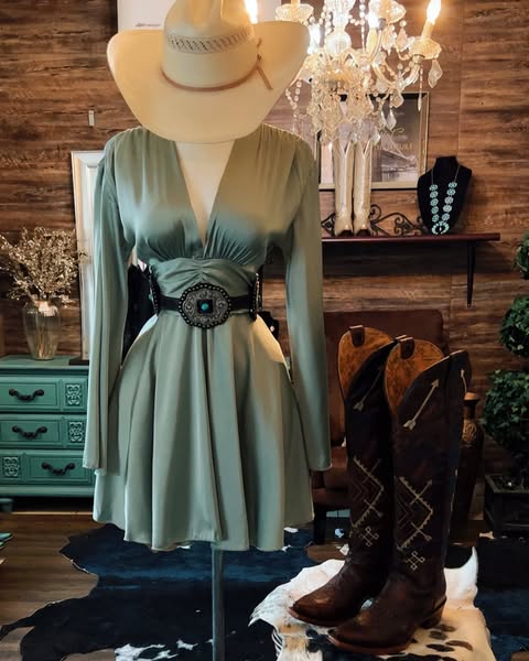 Western Deep V-Neck Sage Green Mini Dress