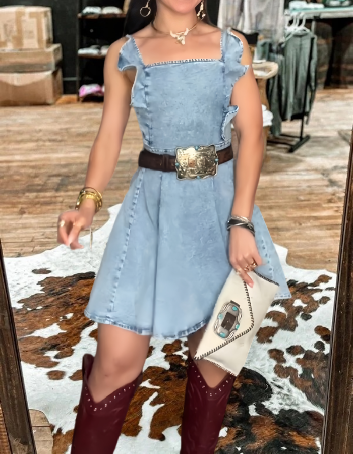 Ruffle Strap Mini Denim Dress
