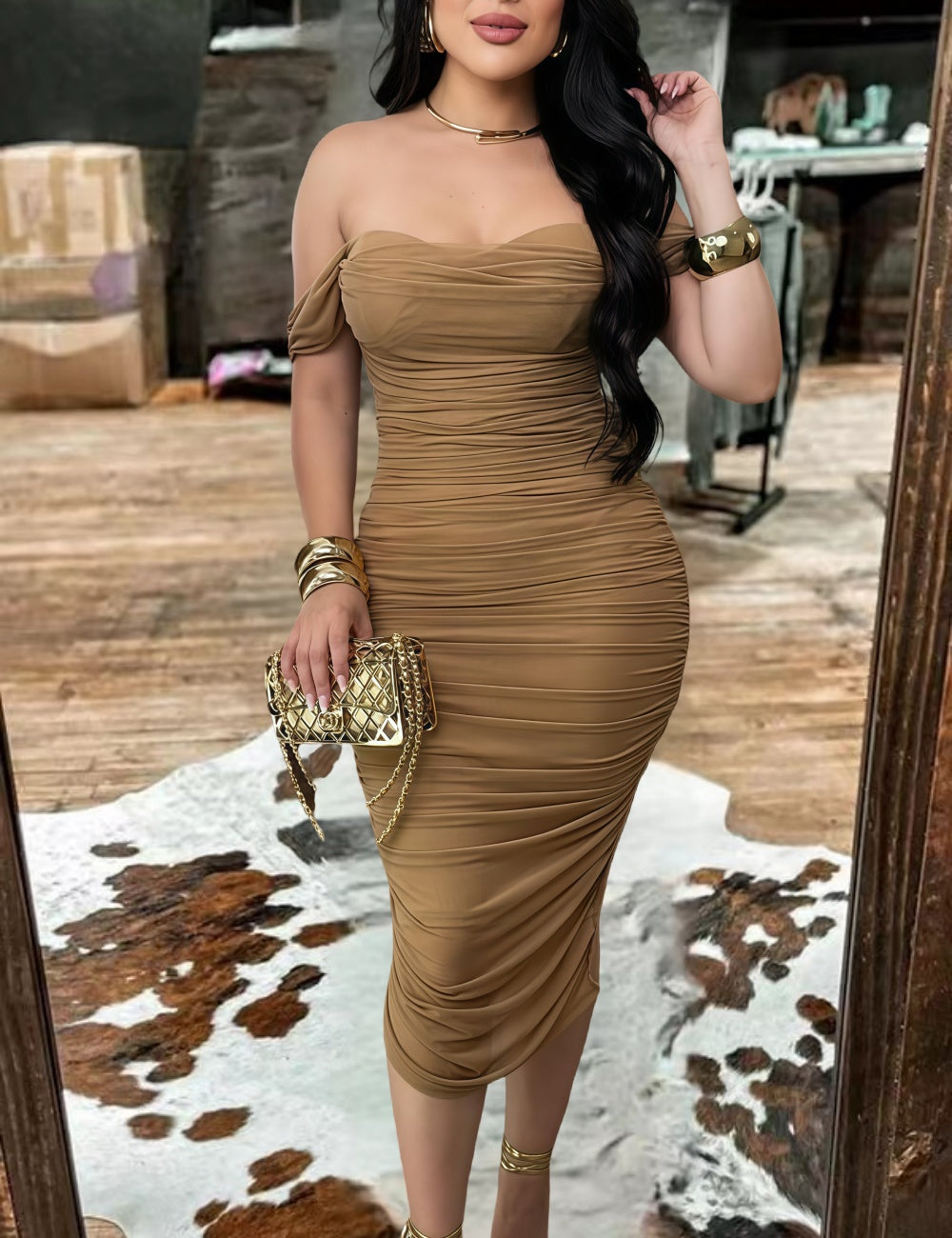 Women's Short Sleeved Pleated Dress