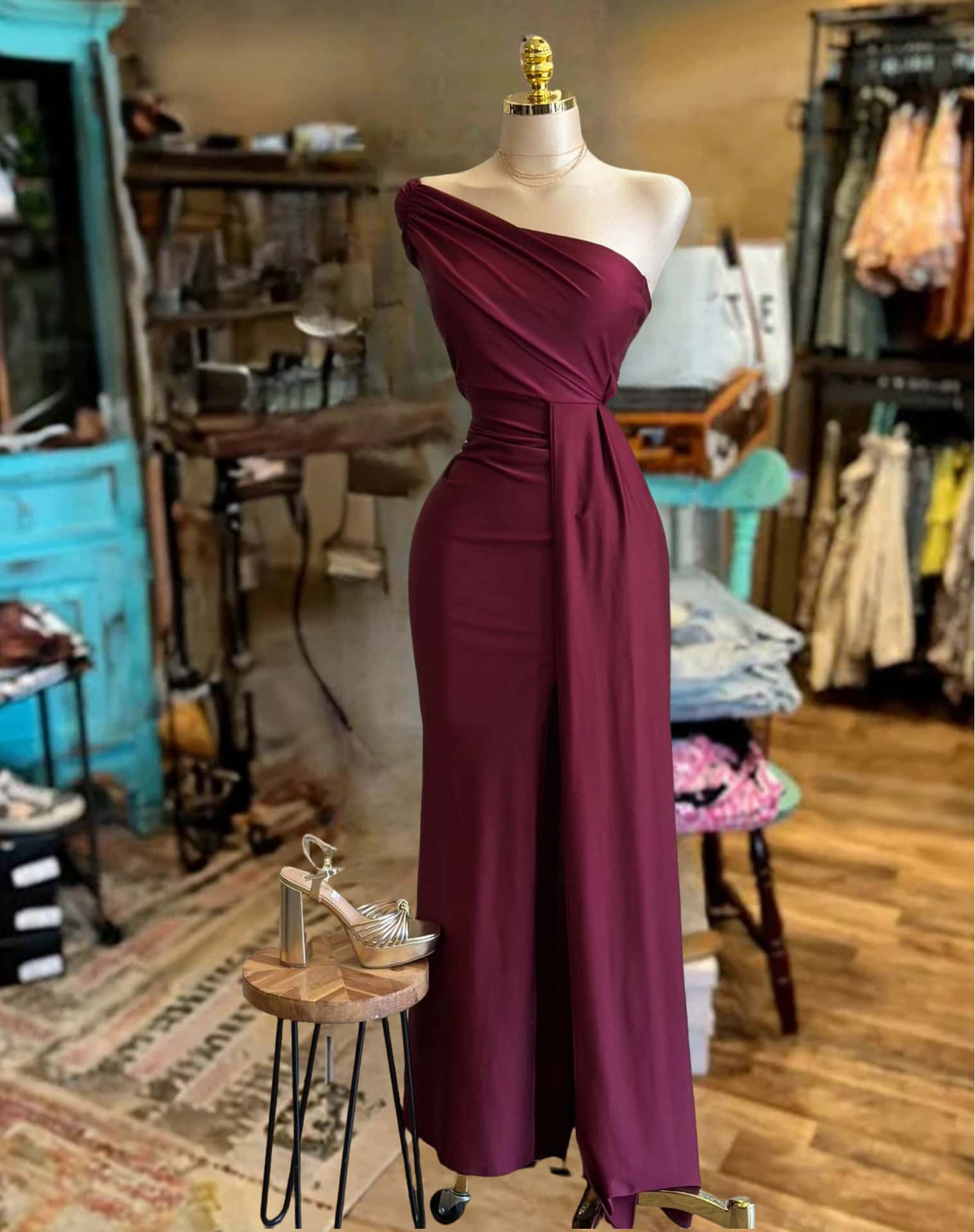 One Sleeve Draped Slit Dress
