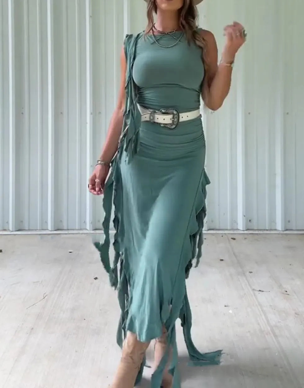 Moss Green Sleeveless Ruffled Slit Dress