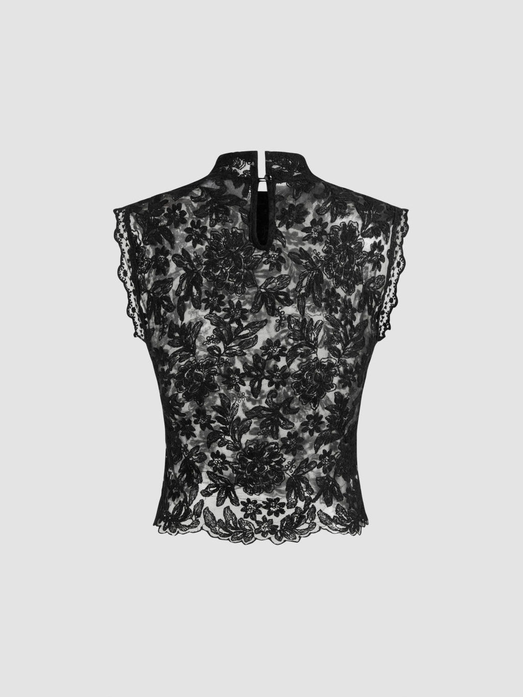 Lace Mandarin Collar Floral See-through Tank Top