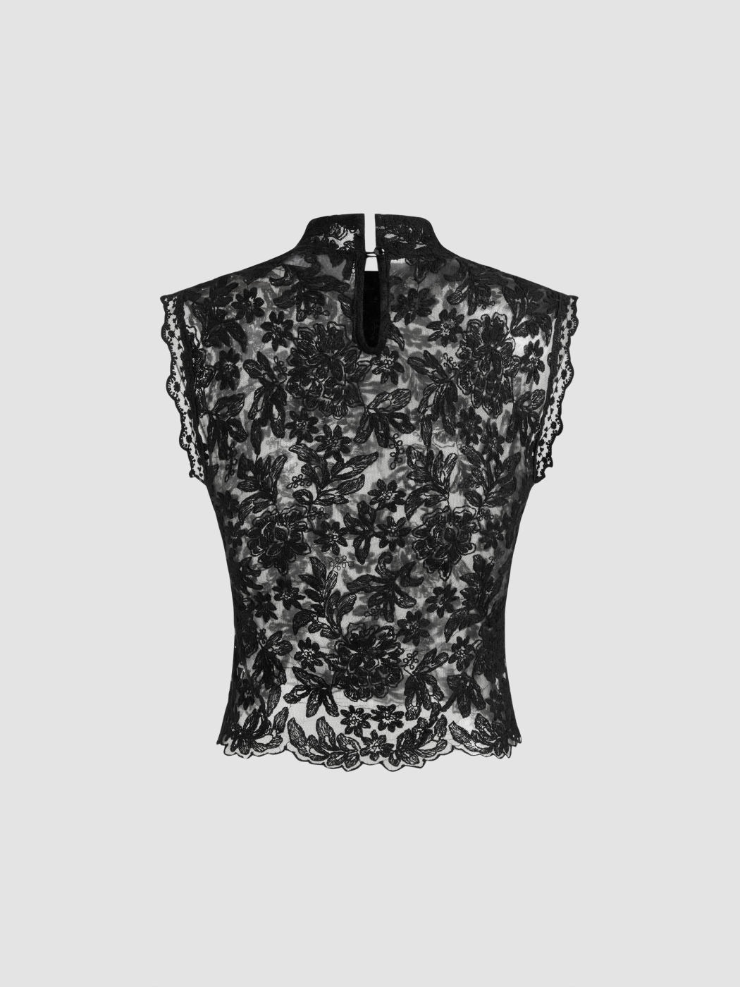 Lace Mandarin Collar Floral See-through Tank Top