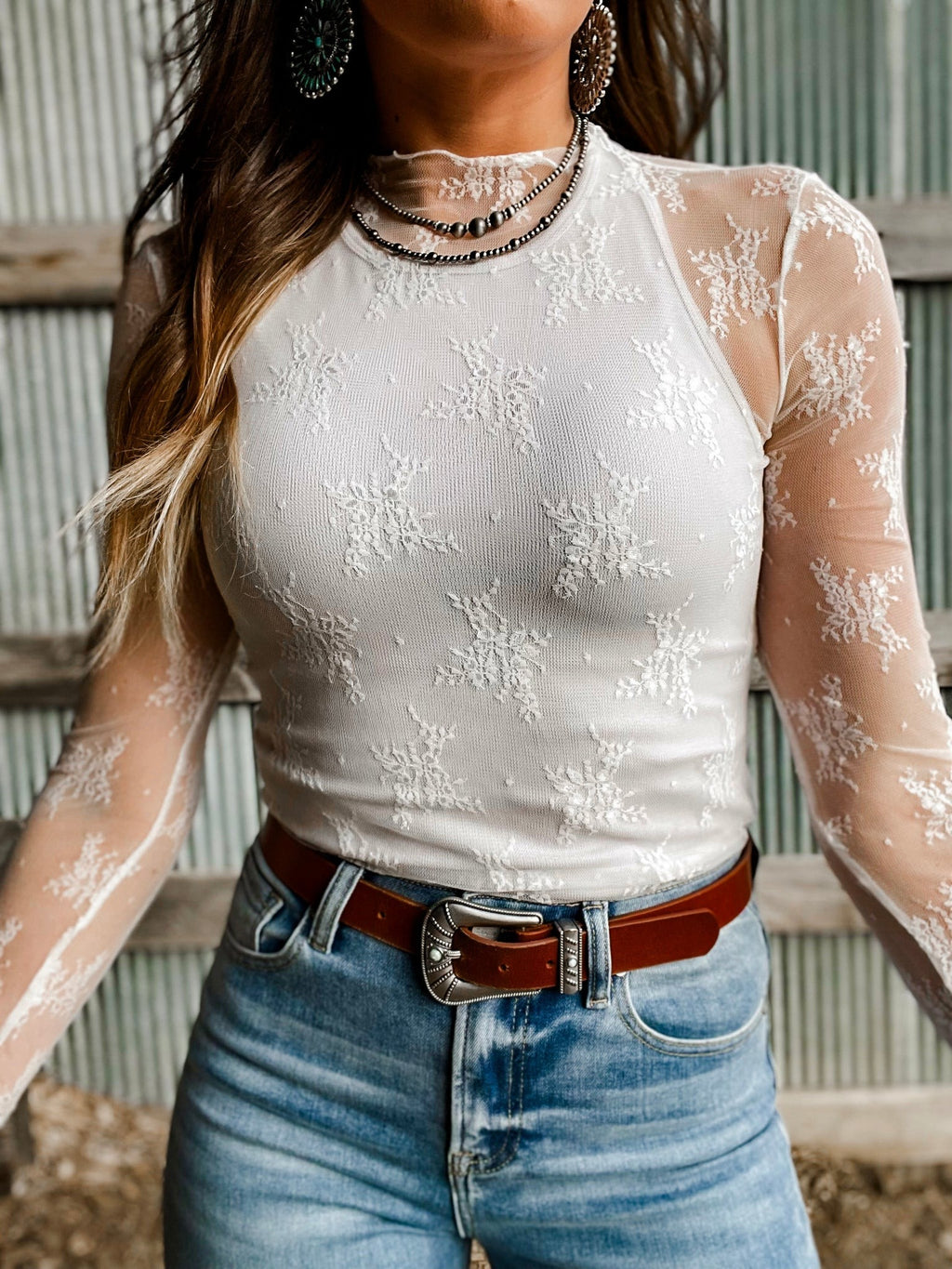 Vintage Long-sleeved floral embroidered see-through tank top
