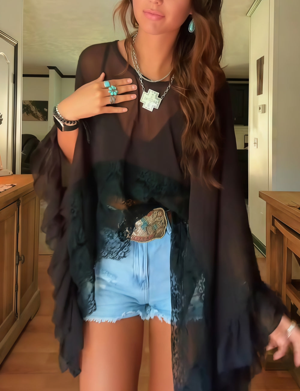 Women's Lace Hem Sheer Top