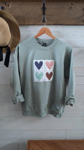 Hearts Quilt Block on Sage Crewneck