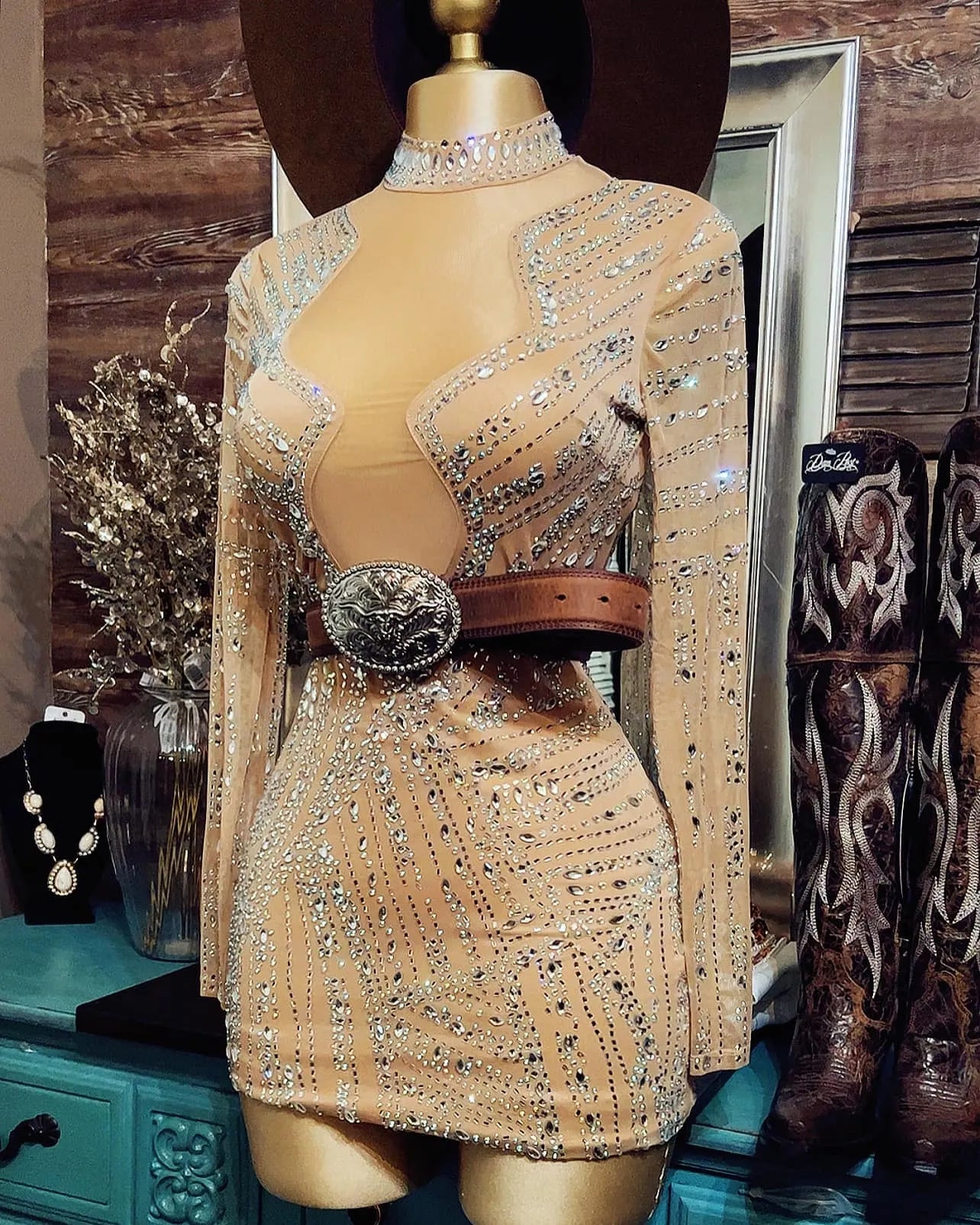 Hot Drilling Process Diamond Beige Dress
