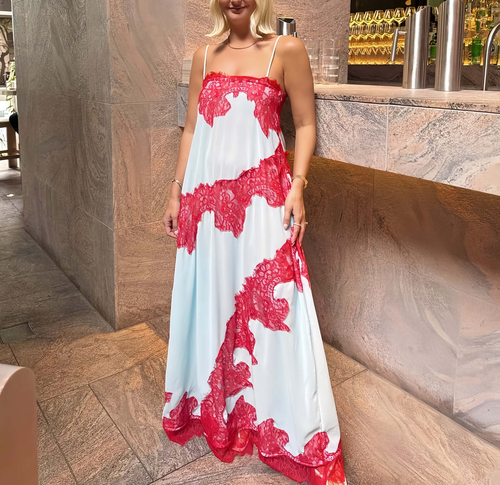 Dusty Blue Lace Print Spaghetti Strap Maxi Dress