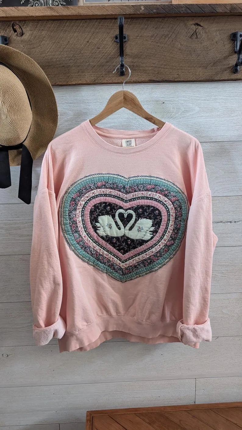 SWANS Heart on Pale Pink Crewneck