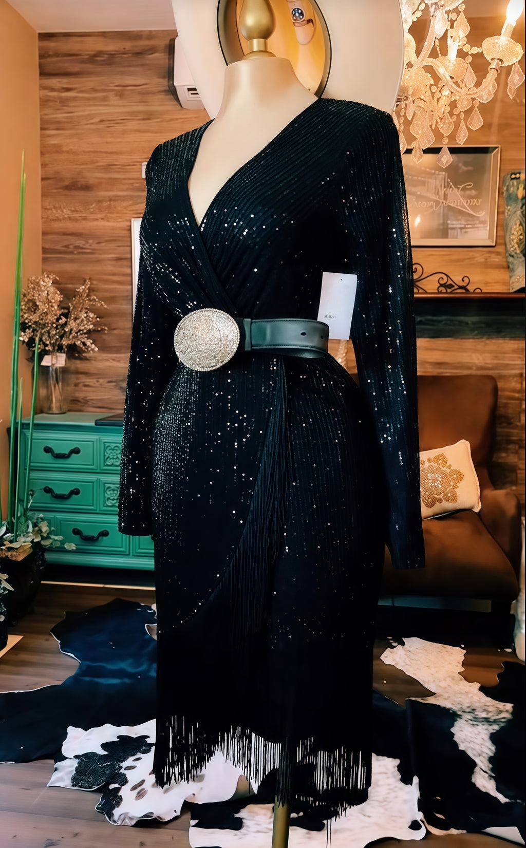 Western Glam Sequin Fringe Wrap Dress