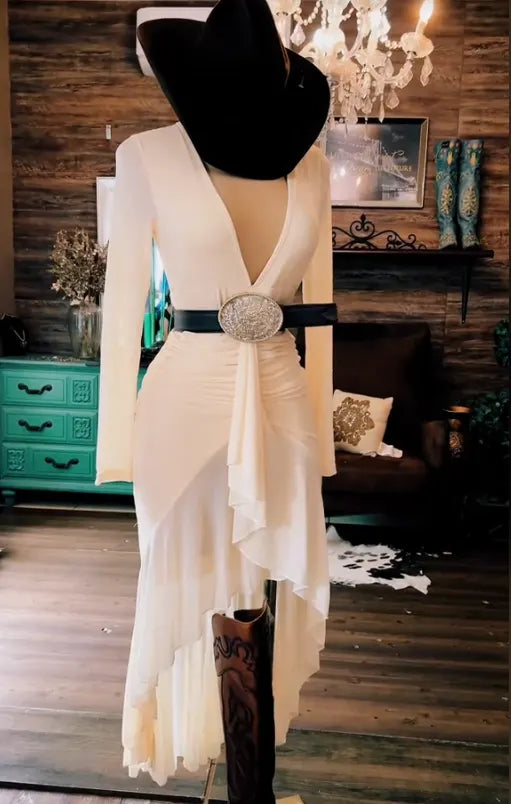 Elegant Western Draped Deep V Maxi Dress