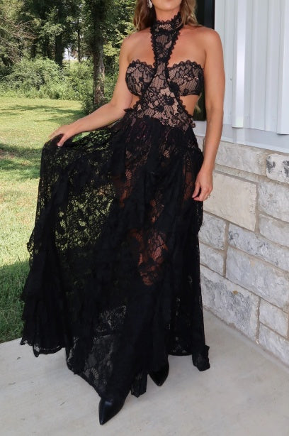 Western Chic Black Halter Lace Maxi Dress