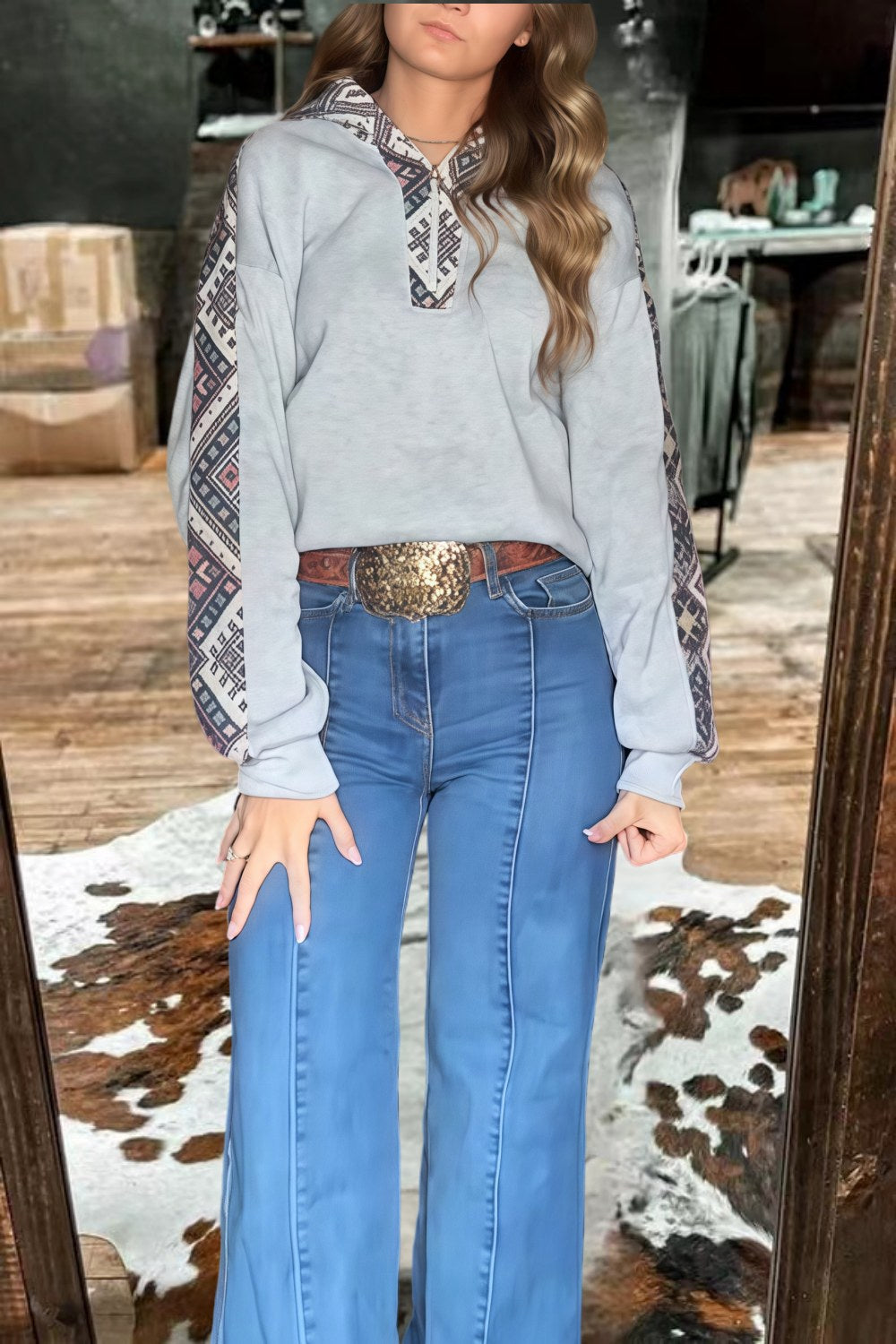 Women's Western Print Zip-Up Top