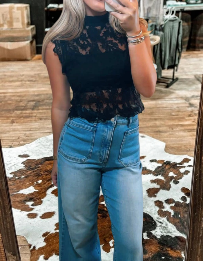 Lace Mandarin Collar Floral See-through Tank Top