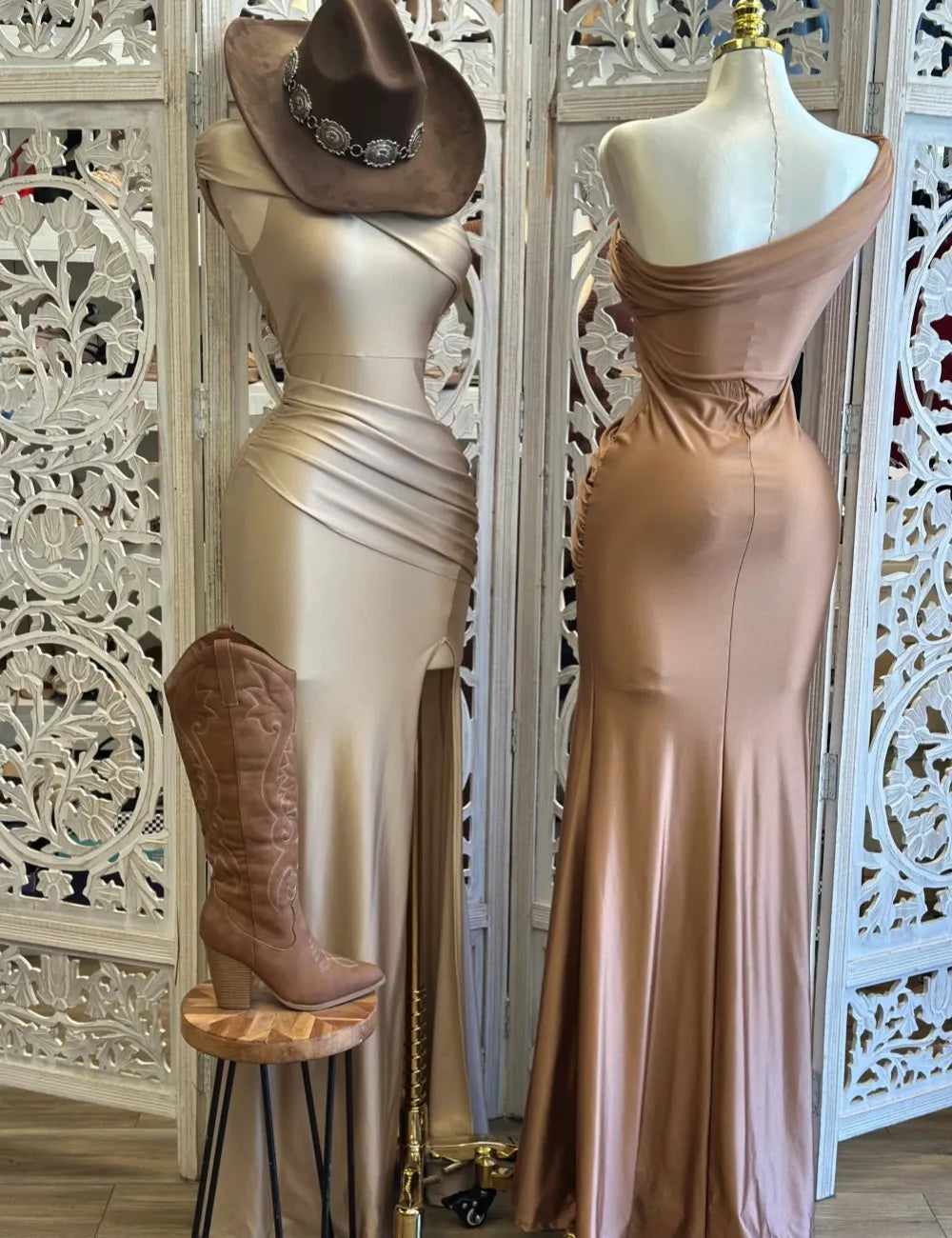 Draped One Sleeve Gown Dress- Stretchy