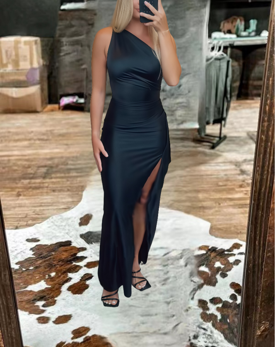 Women's black one-shoulder floor-length dress
