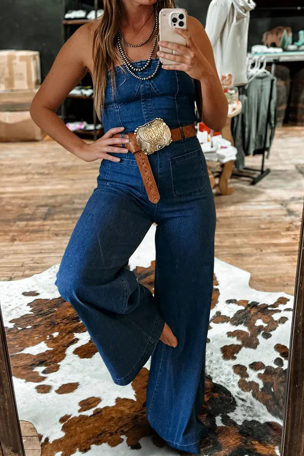 Retro Washed Tube Top Wide Leg Denim Jumpsuit