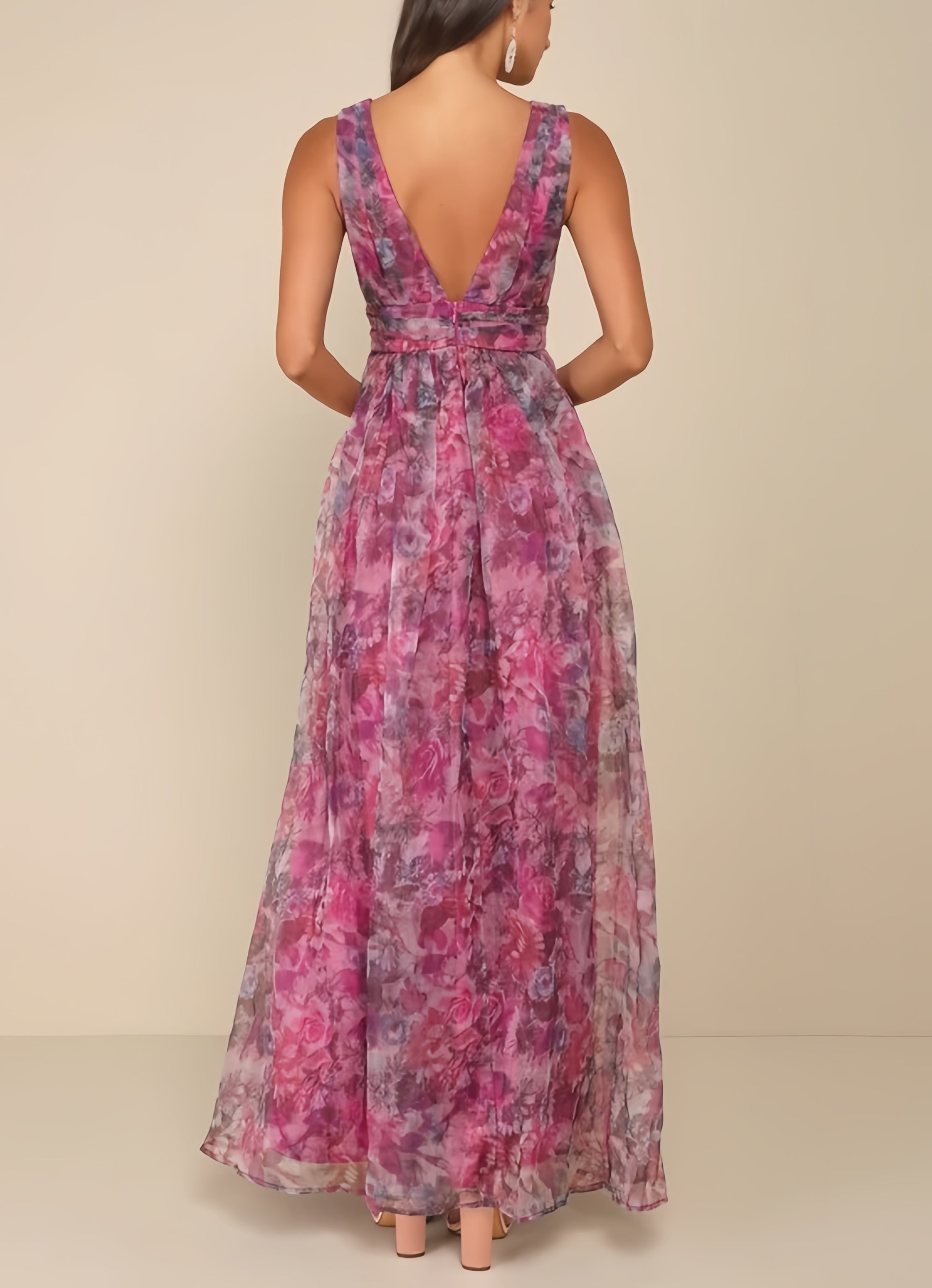 Garden Romance Magenta Floral Print Organza Maxi Dress