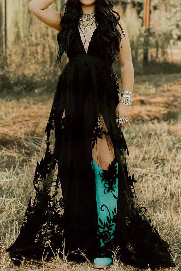 Beautiful V-Neck Floral Pattern Mesh Dress