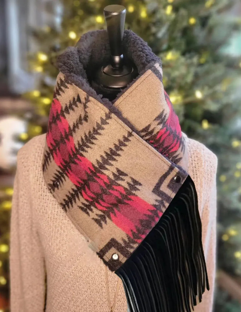Women's Western Fringed Shawl - Color Block Aztec