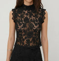 Lace Mandarin Collar Floral See-through Tank Top