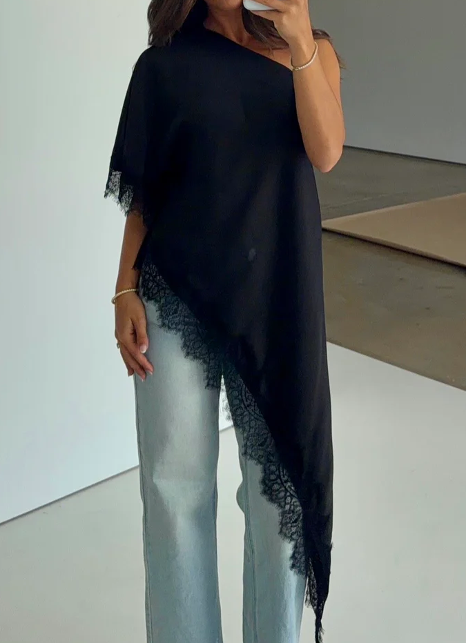 Asymmetric Lace Top in Black