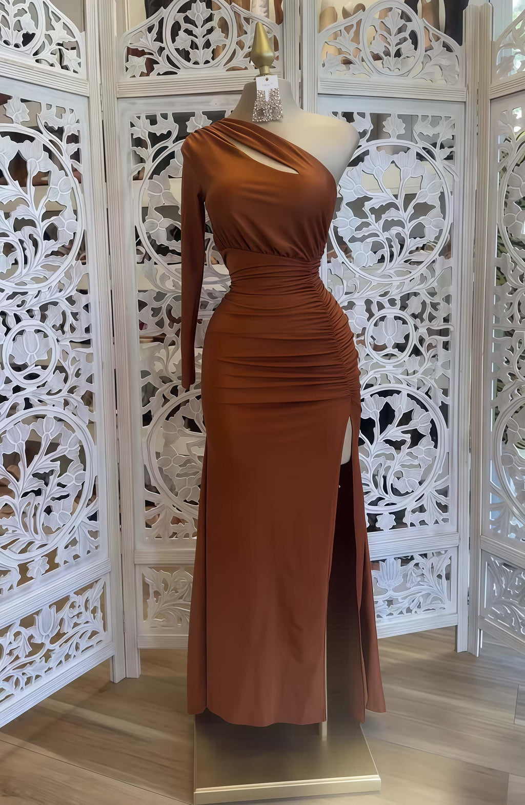 One-Shoulder Cutout Ruched  High Slit Maxi Dress