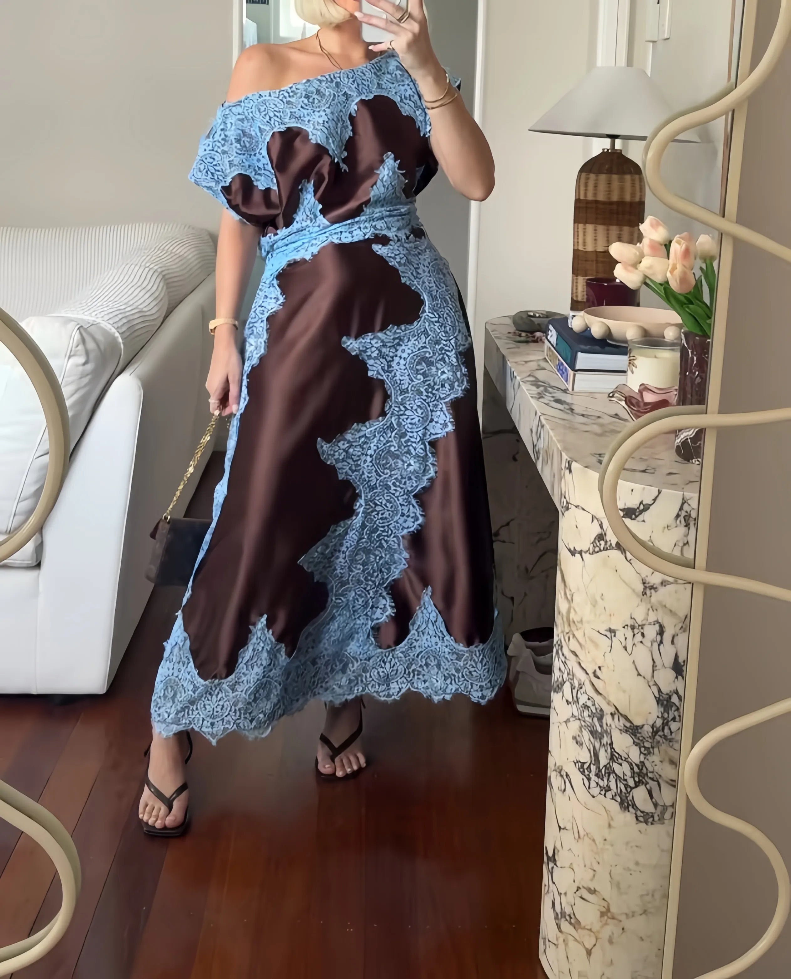 Elegant Contrast Lace One-Shoulder Satin Maxi Dress