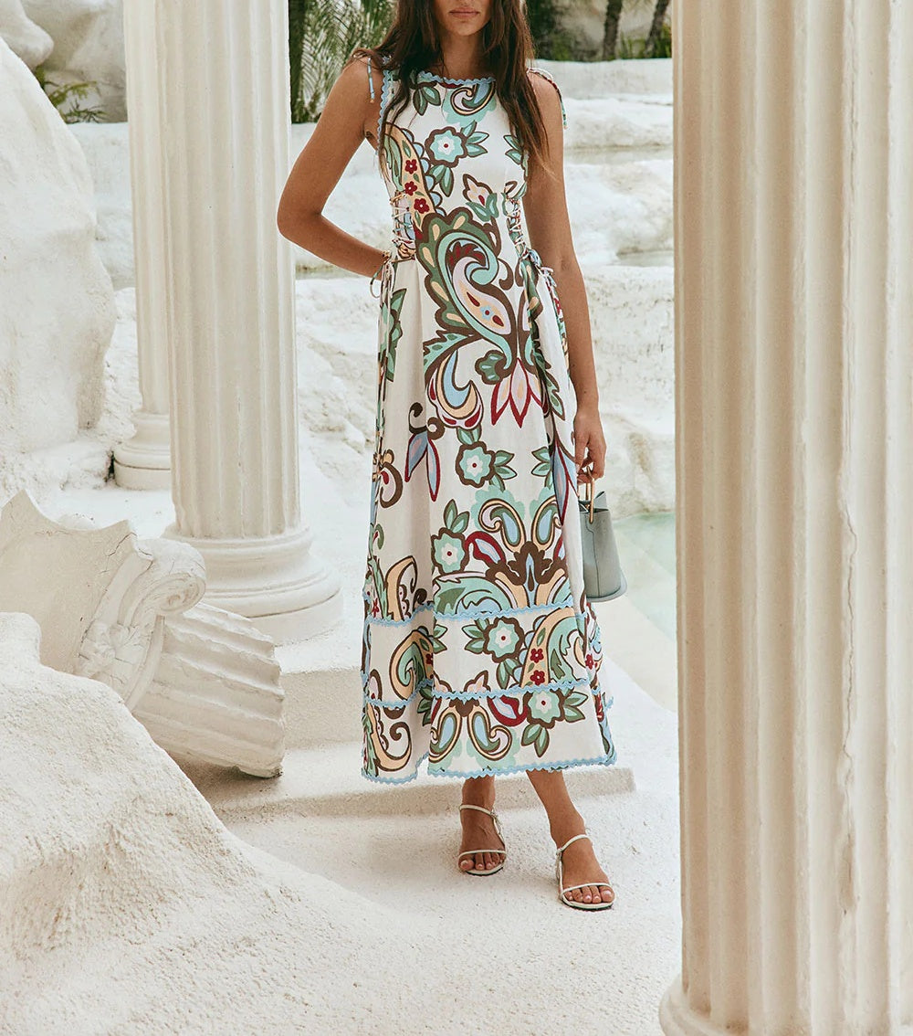 Bohemian Floral Lace-Up Waist Midi Dress
