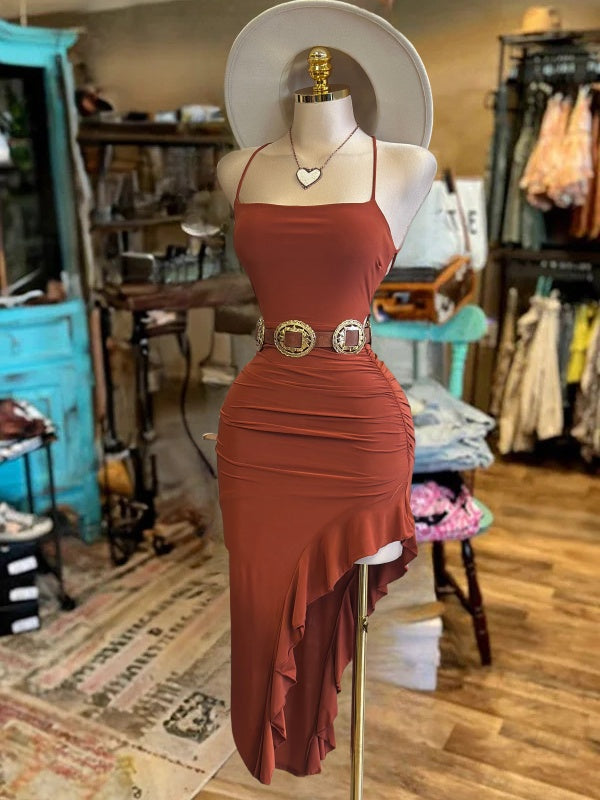 Cross Back Ruffle Dress-Black/Rust