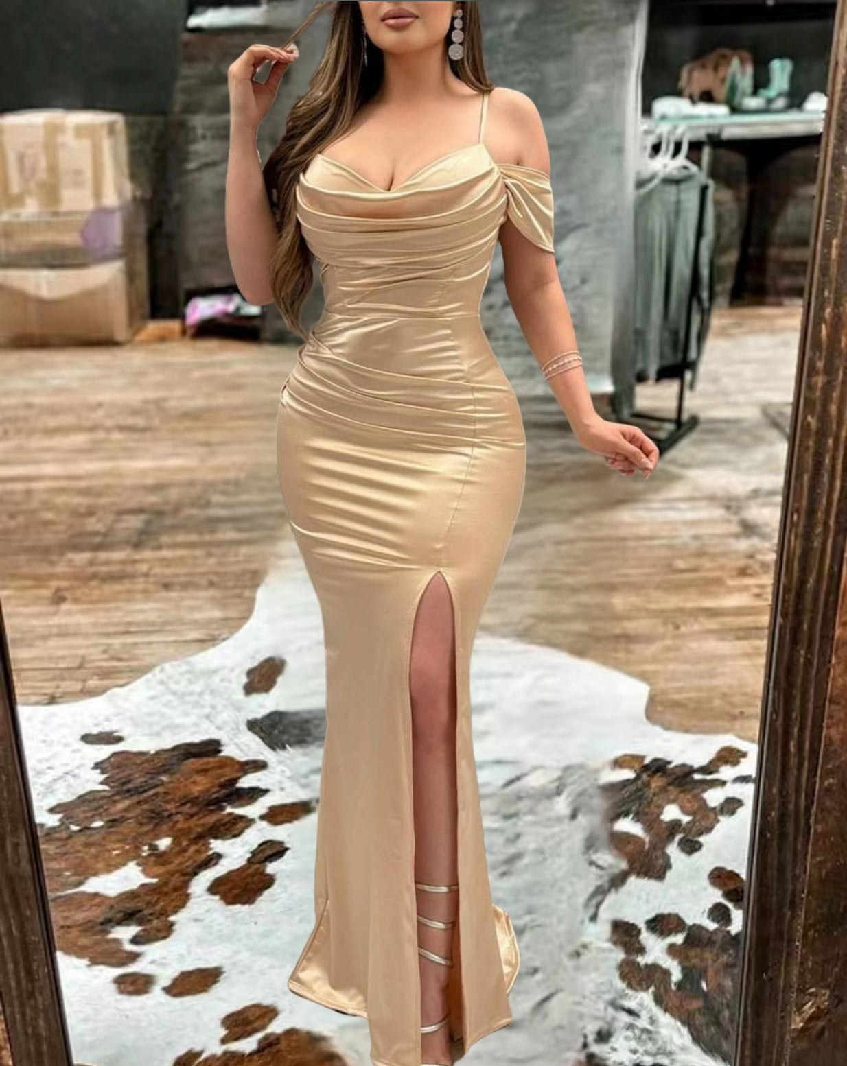 Satin Off-Shoulder Side Slit Bodycon Gown Maxi Dress