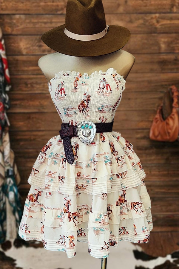 Vintage Rodeo Print Ruffle Dress