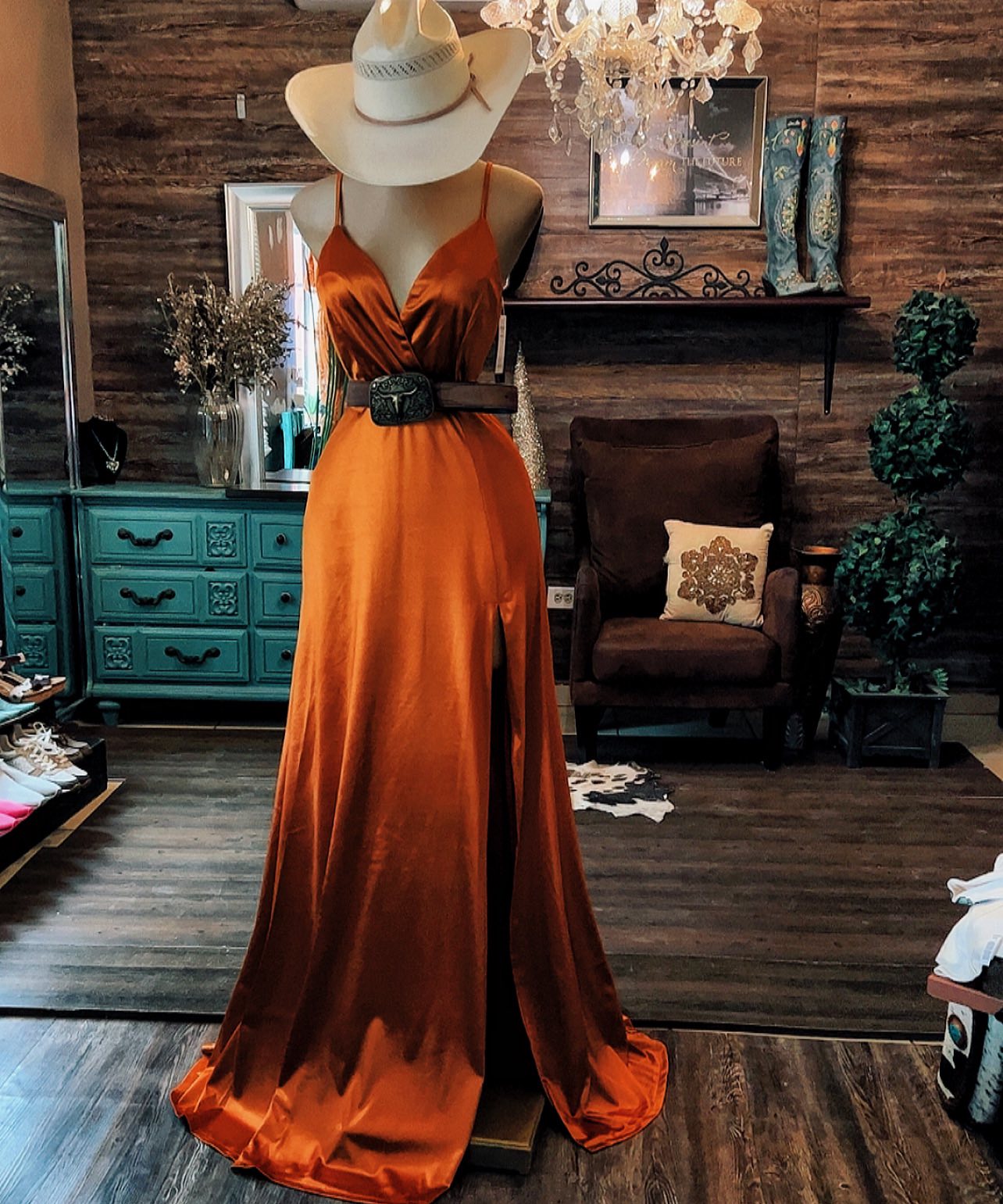 Desert Flame Satin Maxi Dress