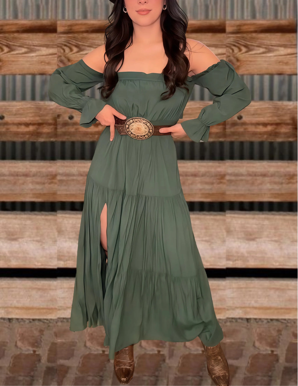Western Off-Shoulder Slit Maxi Dress